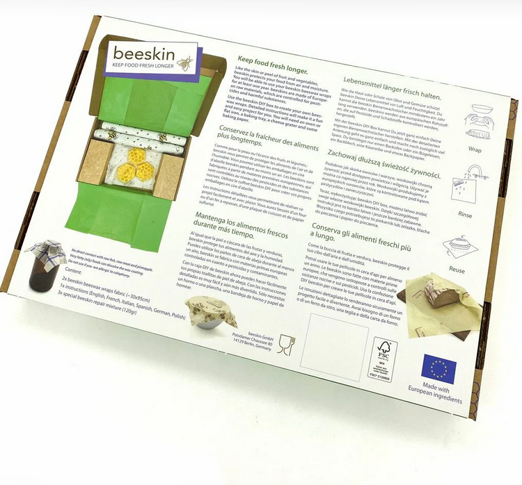 beeskin DIY kit met stof en 120 gram bijenwasmengsel 3 Achterkant doos bijenwasdoek DIY kit